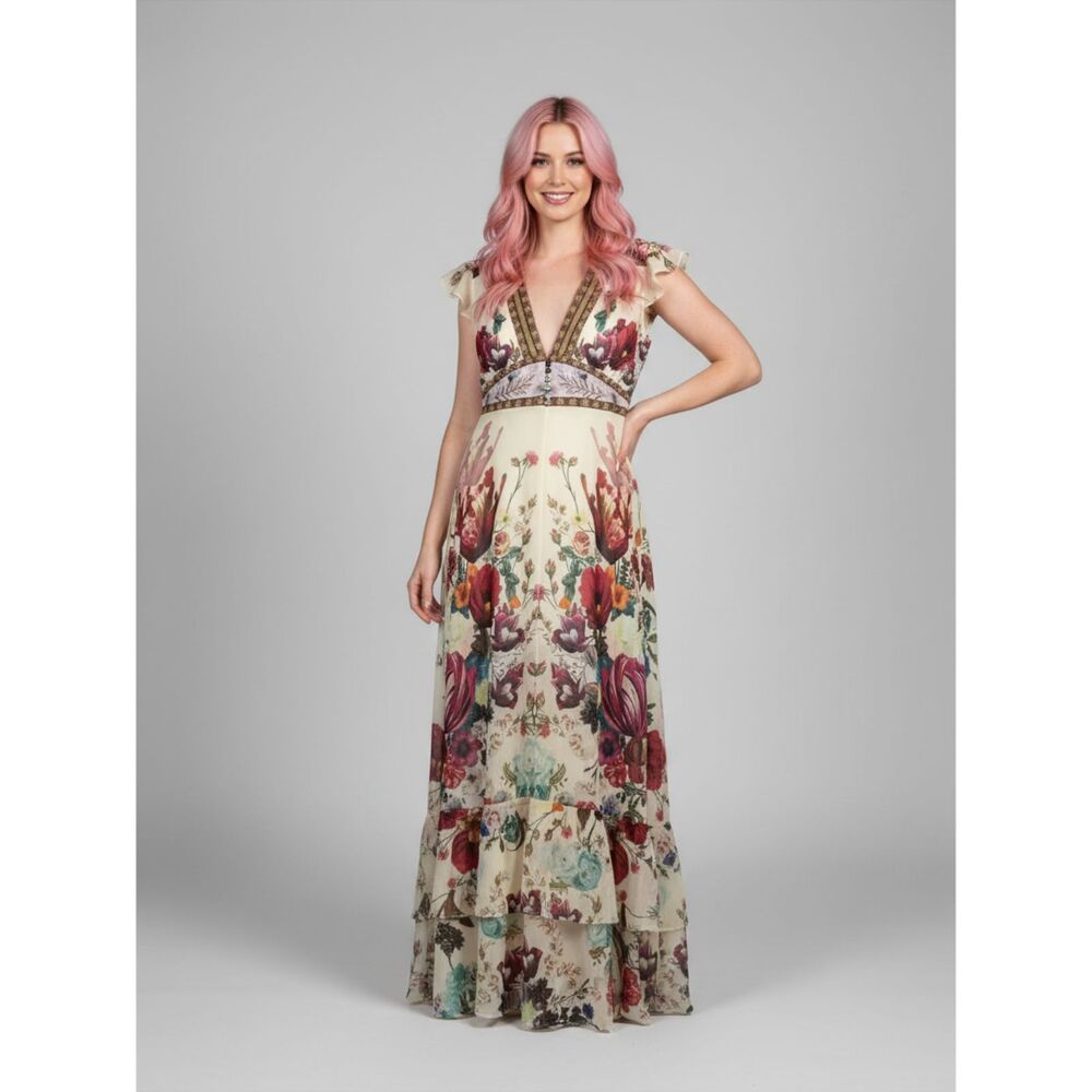 DALIA MACPHEE Romantic Boho Cream Floral Flutter Sleeve V-Neck Maxi Dress Size L